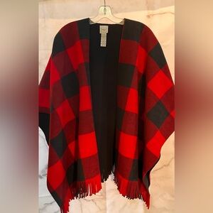NWOT Marina Luna - Red & Black Plaid Fringe open poncho. One Size.